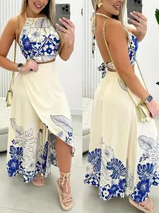 Women's Summer Leaf Print Casual Half-Sleeve Woven Top & Skirt Set, Slim-Fitting Two-Piece Outfit for Travel Beach Vacation, Womenswear