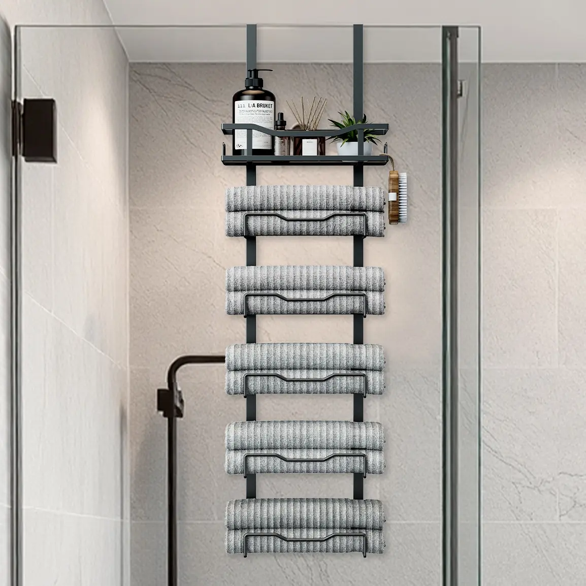 Aetyord Modern 6-Tier No-Drill Black Metallic Over-Door Bathroom Towel Holder with Storage Basket, Rolled Towel Organizer for Small Bathrooms, RVs
