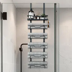 Aetyord Durable 6-Tier No-Drill Black Metal Over-Door Towel Rack with Storage Basket, Organizer for Rolled Towels, Ideal for Small Bathrooms, RVs