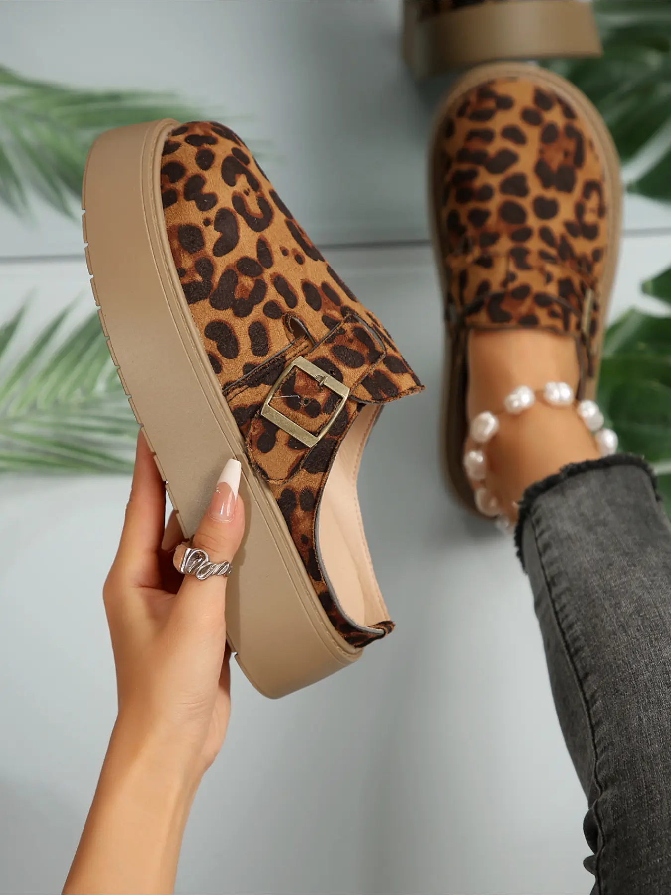 Leopard Print Platform Thick Soled Mules for Women  Buckle Strap Slip-On Chunky Sole Thick Bottom Slippers Casual Fashion Shoes