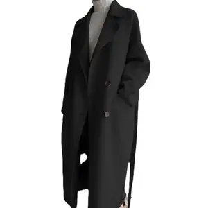 Women's Wool Coat New Korean Style Long Fashion Loose Over-the-Knee Waist-Tied Woolen Coat Tops