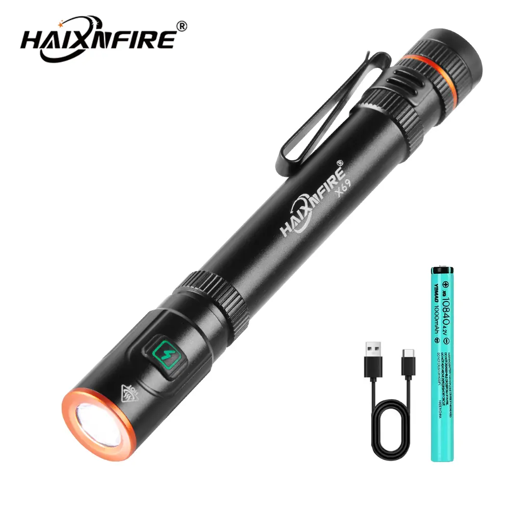 HaixnFire X69 LED Unisex EDC Flashlight - Rechargeable, Compact Aluminum Alloy Pen-shaped Pocket Flashlight with Clasp, Single Mode, Waterproof for Outdoor Activities, Inspection, Daily Use, Hiking/Camping, Type-C Charging, Pocket-Friendly, Usb Port