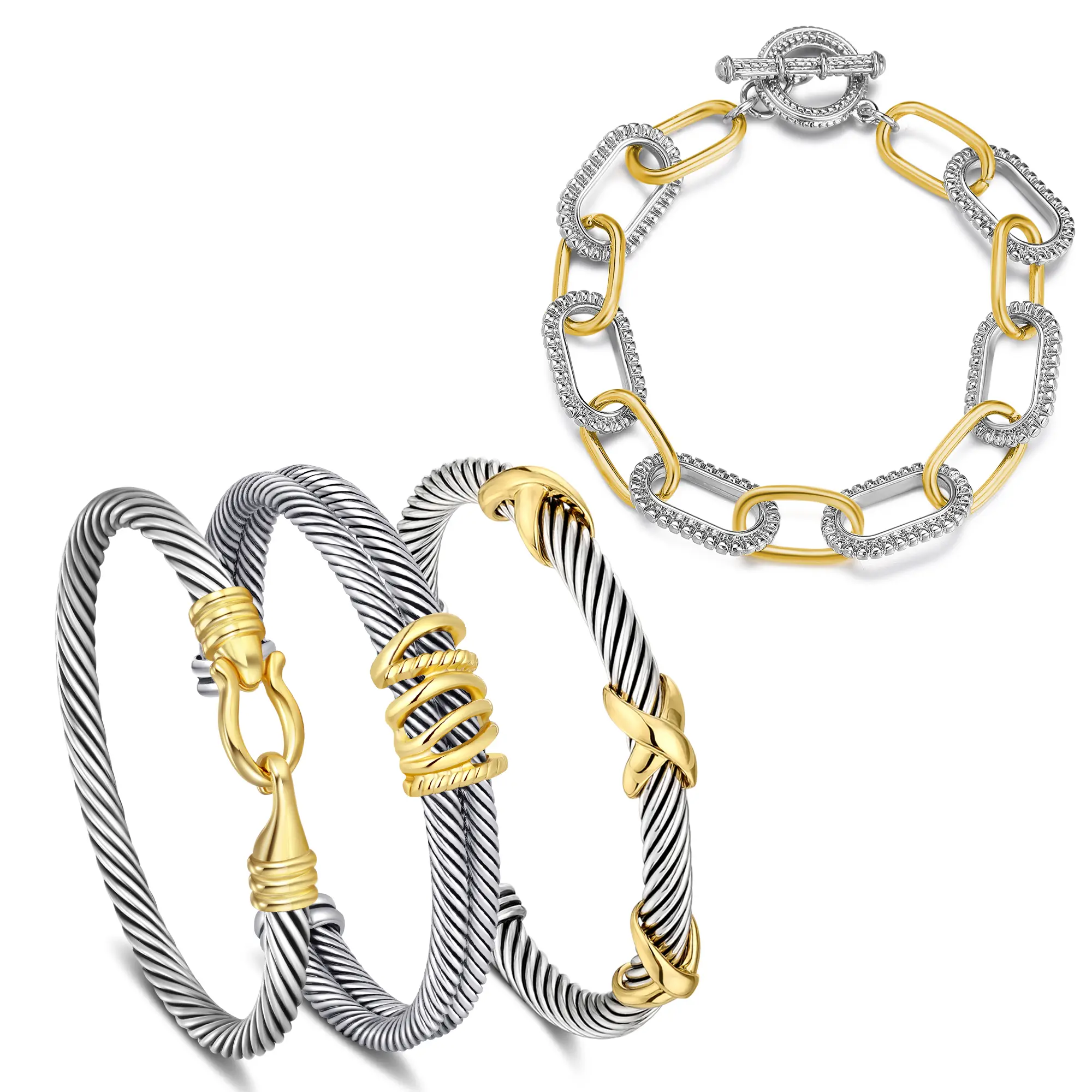 Aprilery Trendy 4PCS Twisted Adjustable Cable & Chain Link Jewelry Arm Candy Set – Stackable Knot & Hook Bangle Bracelets for Women Perfect Everyday Jewelry Gold & Silver Bracelets