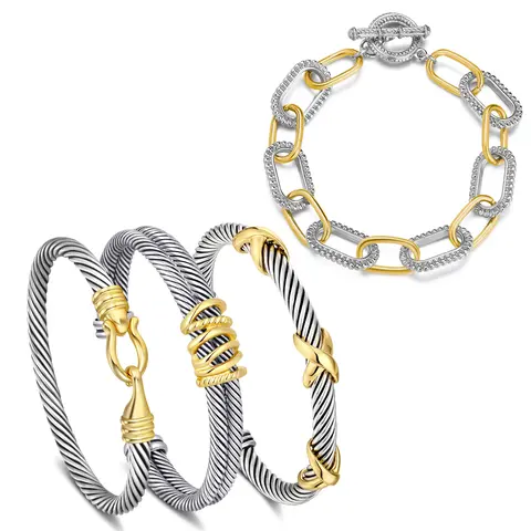 Aprilery Trendy 4PCS Twisted Adjustable Cable & Chain Link Jewelry Arm Candy Set – Stackable Knot & Hook Bangle Bracelets for Women Perfect Everyday Jewelry Gold & Silver Bracelets