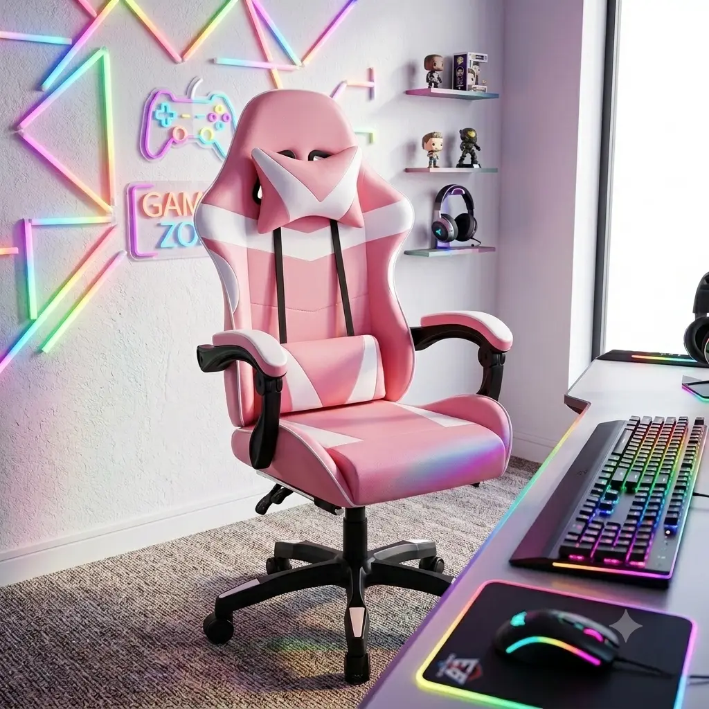 Gaming Chair for Girls Teens Adults Pink Cute Gamer Chair Ergonomic Computer Chair with Headrest Lumbar Support Racing Style Gaming Room Bedroom Home Office Setup