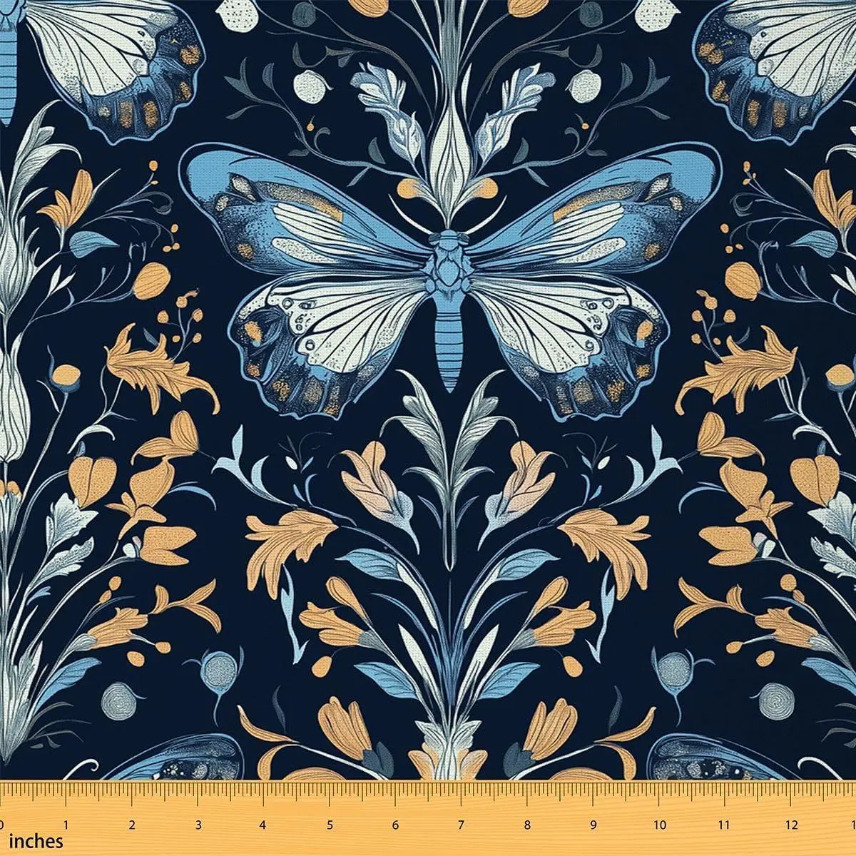 Butterfly Fabric,Retro Botanical Aesthetic Soft Flannel Polyester Fabric,Rustic Farmhouse No Stretch Fabrics,Blue Crafts & Sewing Supplies DIY Fabrics,Pre-Cut