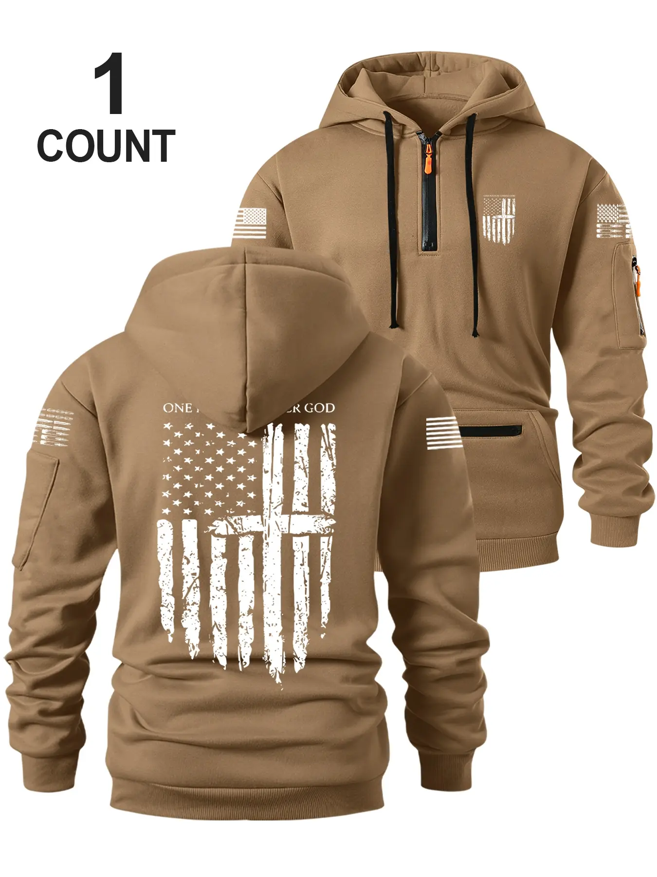 Men's Half-Zip Graphic Print Hoodie with Flag Print Design, Soft Warm Casual Daily Wear, Comfortable Fashionable Style for Fall & Winter, Half Zip Hooded