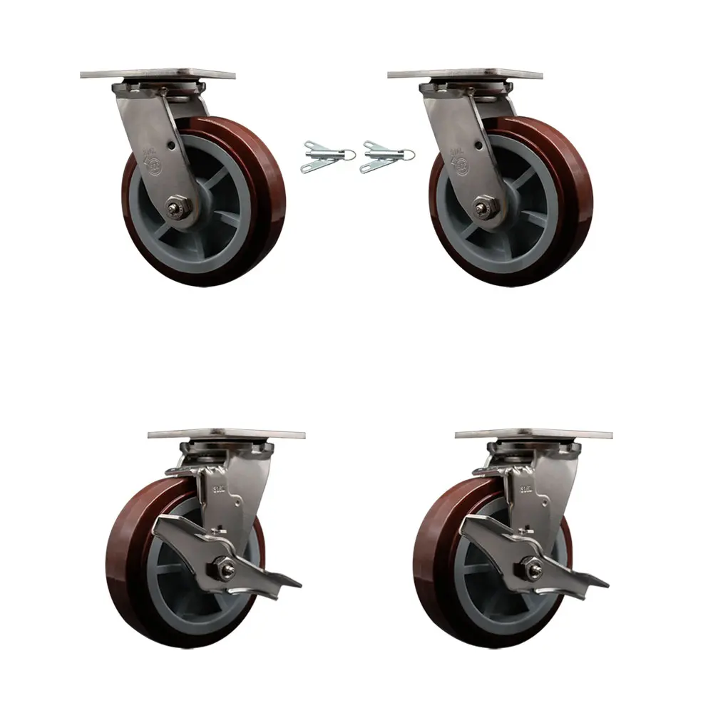 Service Caster SCC-SS31630S620-PPUD-BSL-2-TLB-2 316 Stainless Steel Heavy Duty Castors Set - 2 Bolt-On Swivel Lock Swivels, 6" Polyurethane Wheels, Delrin Bearings, 3600 lbs Capacity for Commercial Equipment, Dollies, Freight Terminals