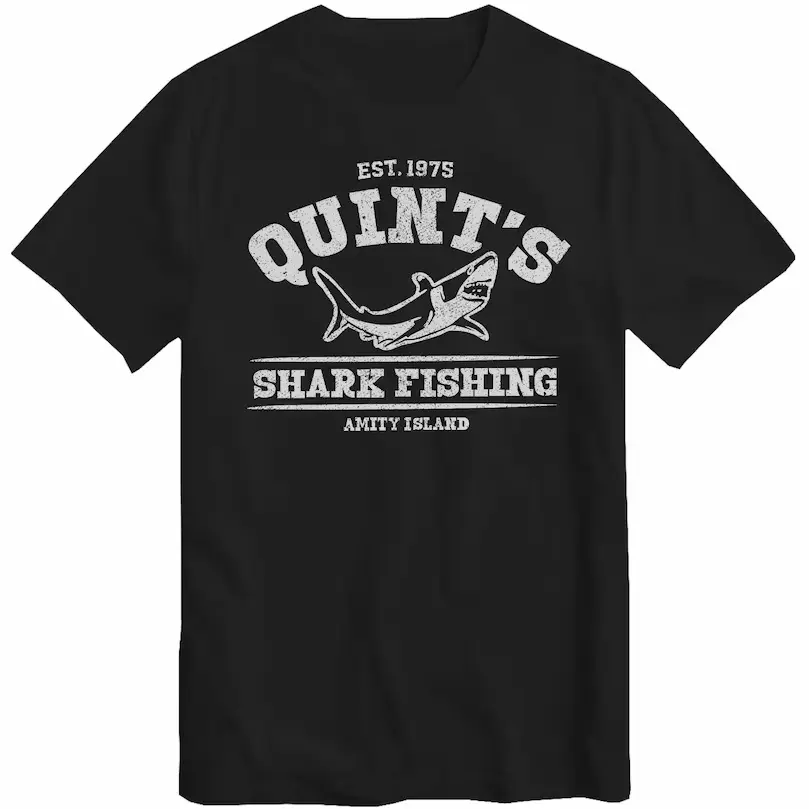 Vintage Quint's Shark Fishing T-Shirt 1975 Amity Island Jaws Print Washed Black Retro Graphic Tee Unisex