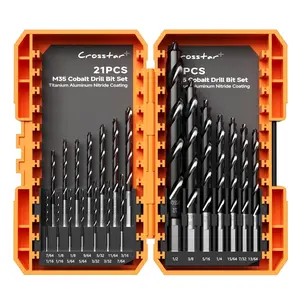 Crosstar M35 Cobalt Drill Bit Set - 21pcs 1/16"-1/2" Titanium Coated Self-Centering Metal Drill Bits for Hardened Steel, Stainless Steel, Cast Iron | Bullet Point Tip, High-Speed Jobber Bits