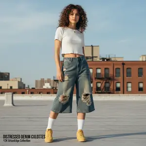 UrbanEdge Ripped Denim Skort | Premium Soft Denim Streetwear | Oversized Y2K Baggy Shorts for Women Vintage Wide Leg Distressed Jeans