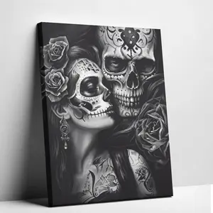 Art Poster Canvas Black And White Sugar Skull Couple Canvas Prints Wall Art Paintings Wall Artworks Gothic Pictures Decor for Living Room Bedroom Decoration Day Of The Dead Aesthetic Decor poster