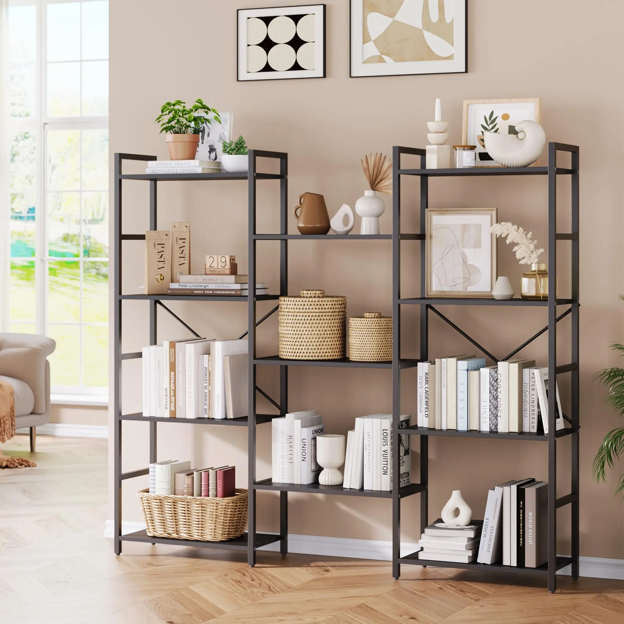 GARVEE Black Industrial Large Bookcase, 4 Tier Book Shelf with Open Display Shelves, Large Wide Bookshelf, Tall Bookshelfwith Metal Frame for Living Room, Office