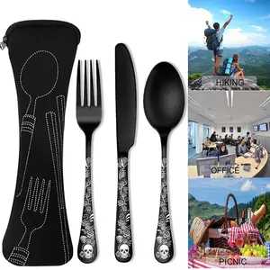 4-Piece Portable Christmas/gothic Theme Cutlery Set, Tableware Kit, Premium Stainless Steel Utensils with Storage Bag, Ideal for Camping/picnic/hiking/office/school/lunchbox Gifts