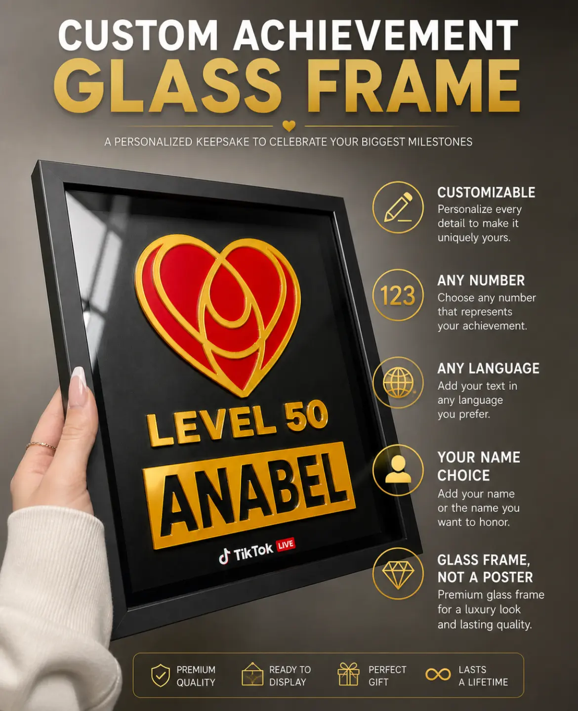 Level 50 - 0 Multi-Language Team Member Super Fan Heart Me Plaque Award - Customizable Heart Emblem Pop Lettering TikTok Live Creator Gift Frame