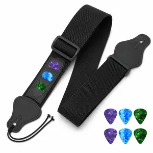 Black Guitar Strap – 3 Pick Stashes + 6 Bonus Picks | Quick-Install, Fits Most Guitars (Acoustic/Electric)