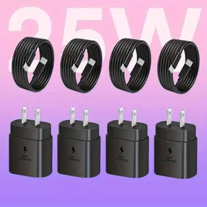 Set of 4 Type C Rapid Charging Cables Compatible with S23 Ultra, S22, And S21 Series, As Well As for iphone 15 And 16. Features 25W Power Delivery, 10-20W Output, Dual Voltage of 110V/220V, US Plug, in Black
