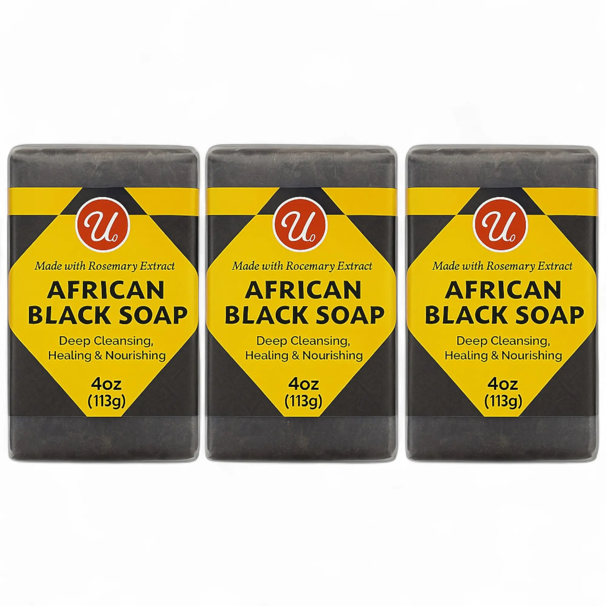 3-Pack African Black Soap Cleanser - Natural Body Care Bar with Shea Butter, Rosemary Extract - Deep Cleansing, Healing, Nourishing - Gentle for Face, Acne, Dark Spots, Oily Skin
