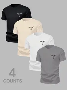 Men's Versatile Cow Head Animal Print T-Shirt 4 Pack, Summer Casual Comfortable Round Neck Short Sleeve Top for Outdoor Wear