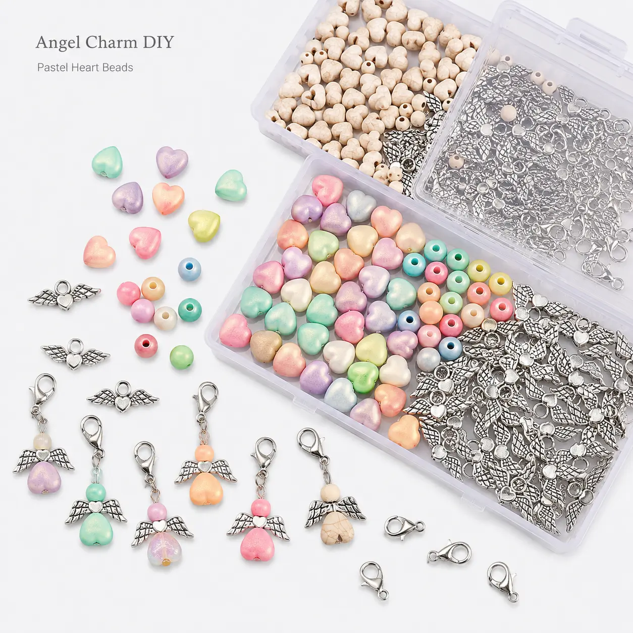 DIY Pastel Heart Beads Jewelry Making Kit - Colorful Pearl-Finish Acrylic Beads, Silver-Tone Charms, Findings for Bracelet, Necklace, Earring Crafting making accessory