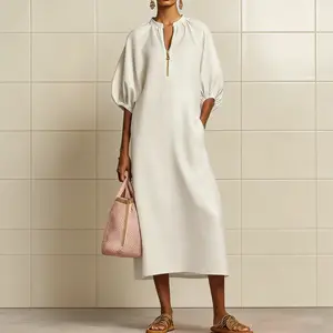 Women's Boho Chic Dress Casual Solid Color Short Puff Sleeve Loose Linen Textured Flowy Sundress Outfit