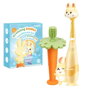 Papablic Baby Training Toothbrush Set with Toothbrush Sterilizer - Soft Bristle Silicone Head Animal Shapes, 6-24M Bunny Brush, Carrot Teether, Teething & Brushing Stages, Easter Gift, Soft Bristle Toothbrush, Deals for You Days