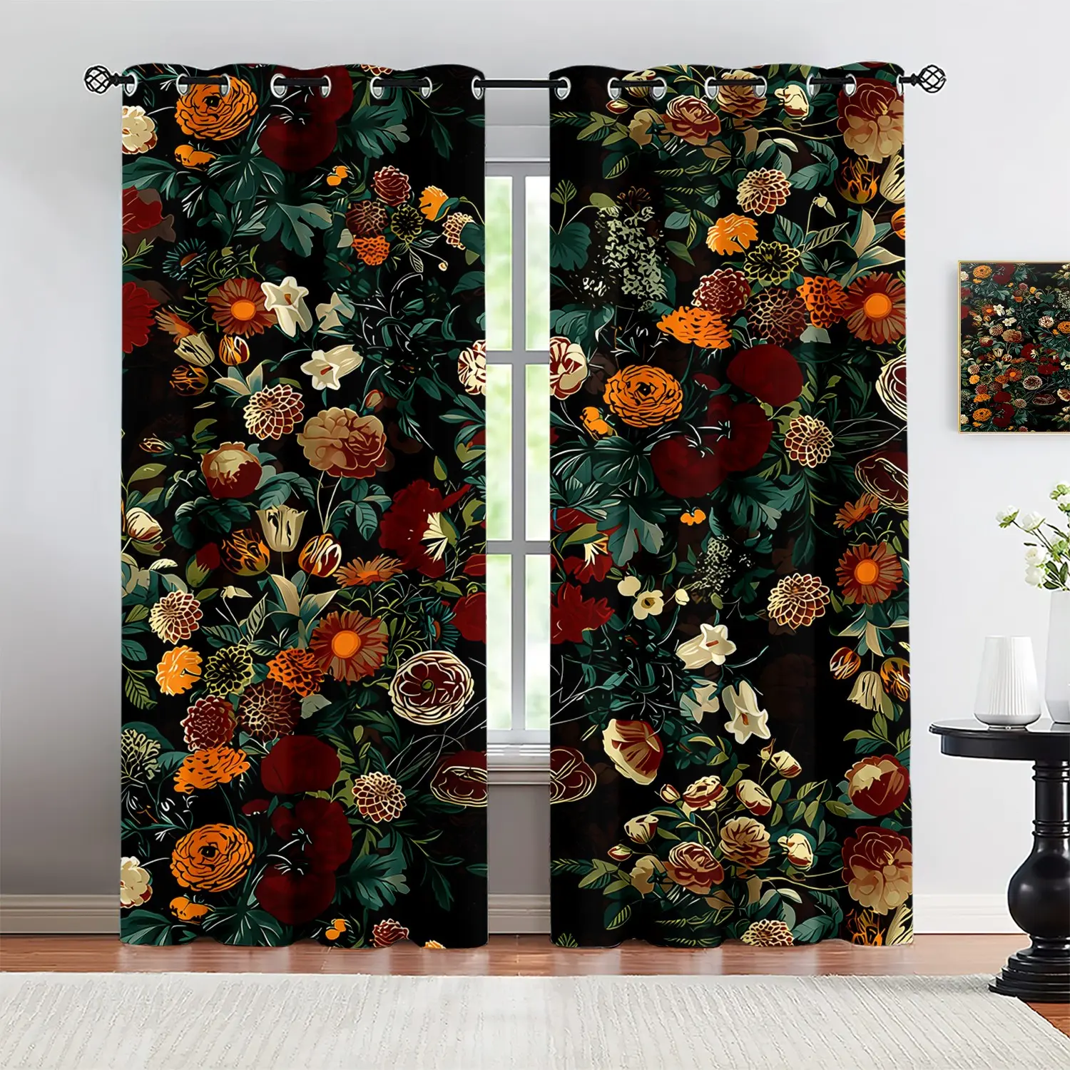 2pcs， Featuring perforated installation and floral print Privacy Grommet Curtains window drapes, suitable for living rooms, kitchens, bedrooms, study rooms, dining rooms, home decor, and Home Decorative Curtain