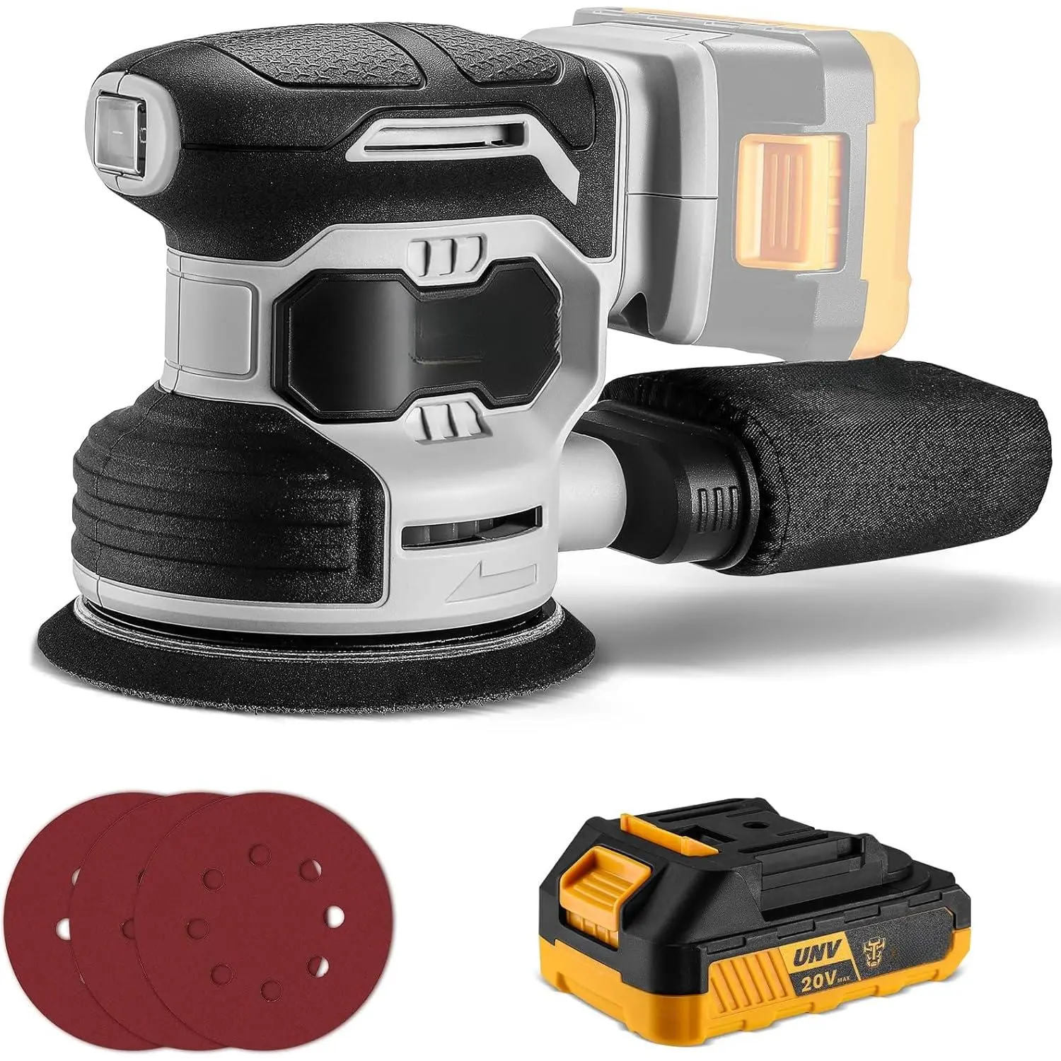 Cordless Orbital Sander:  20V Random Orbit Sander, 5inch Power Palm Sander Electric Sanders Tool with Battery, Charger, Dust Collector, 16 Pcs Sanding Discs for Woodwroking