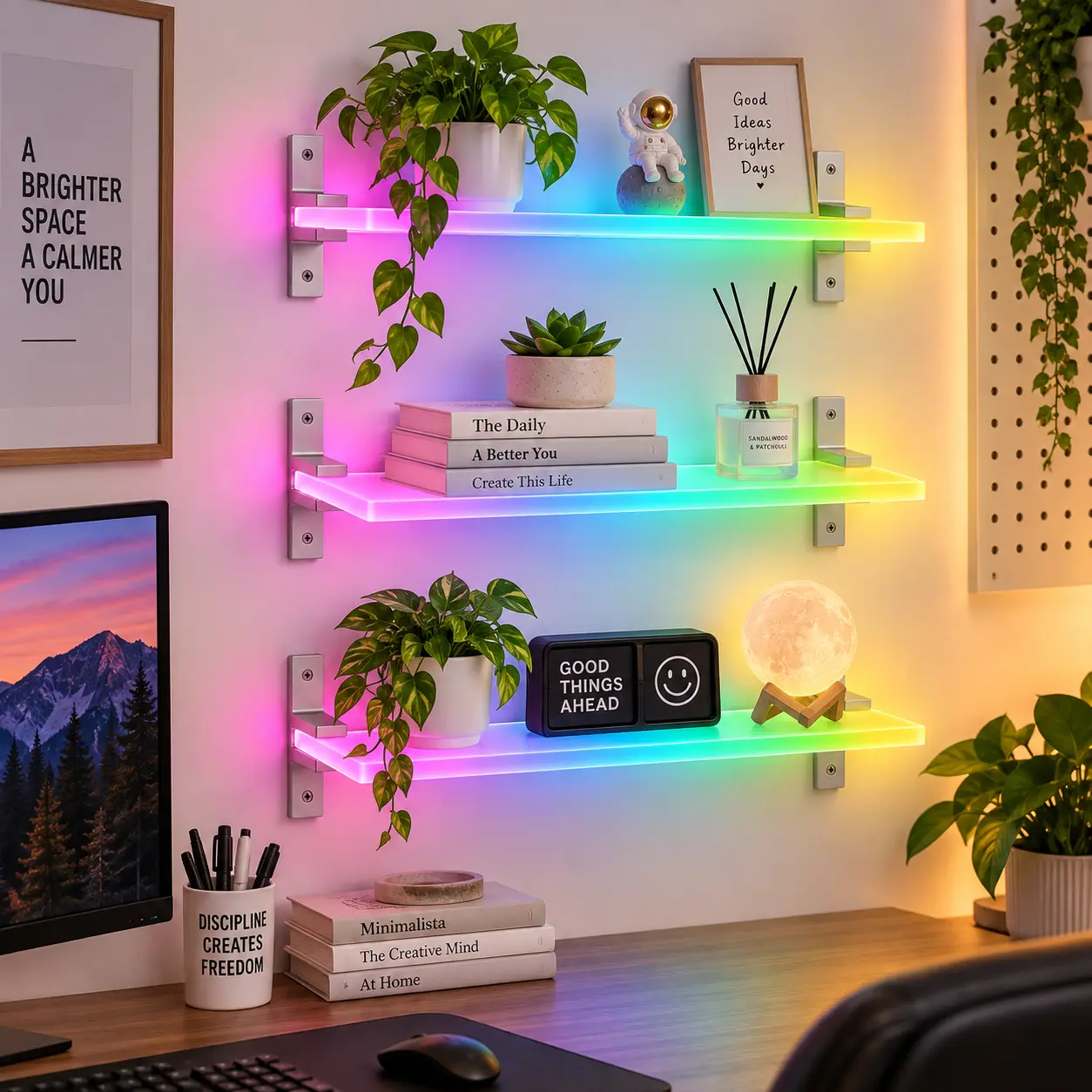 RGBIC Frosted Acrylic Floating Wall Shelf - 5V USB Powered LED Display Unit with App Control, Music Sync, Timer, 1/2/3-Tier Options for Aesthetic Bedroom Decor, Unique Home Decor