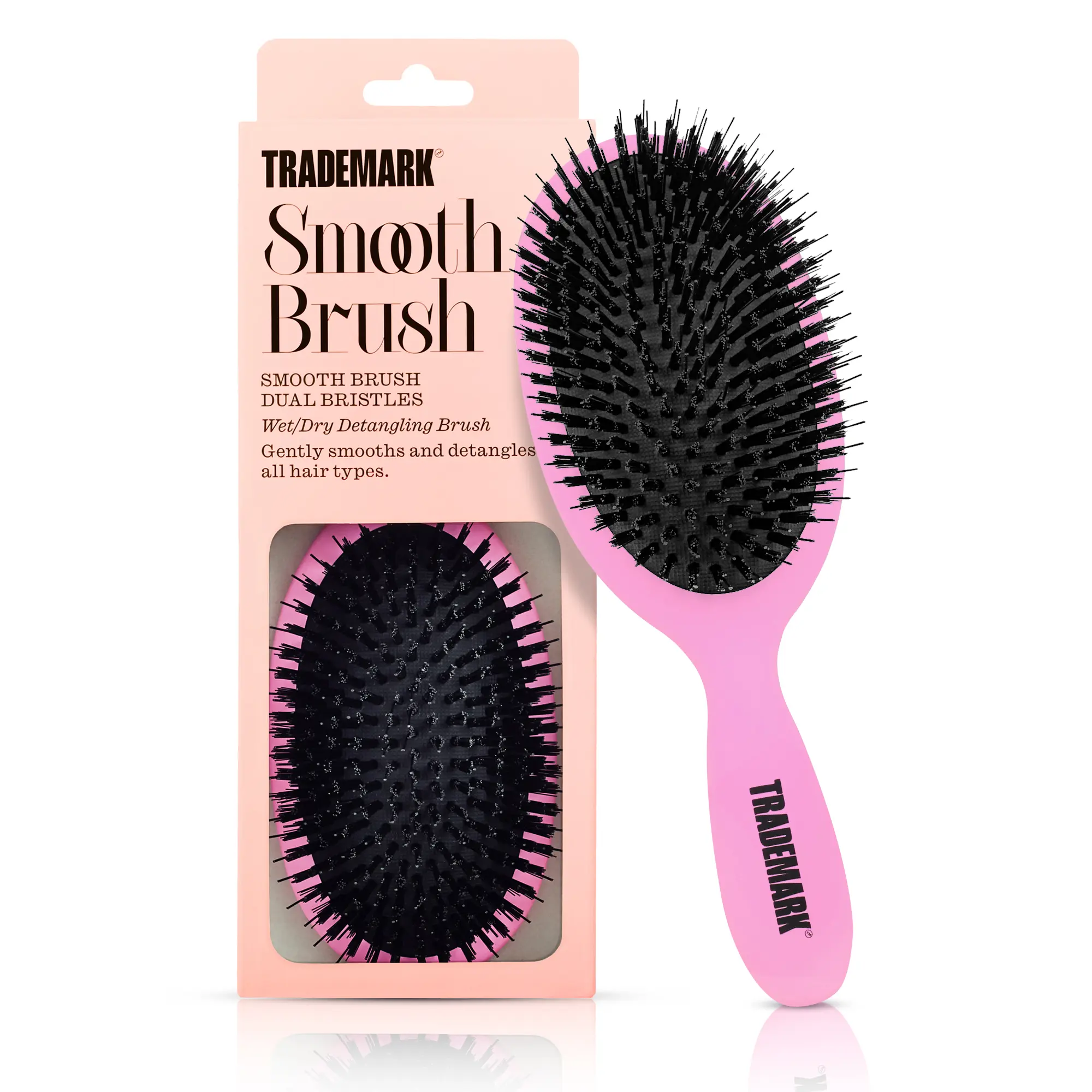 Trademark Beauty Smooth Brush Wet/Dry Detangling Brush with Dual-Length Synthetic Bristles for All Hair Types Pink