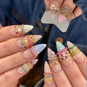 jasonj.nail Pastel Flower Long Press-On Nails, Hand-Painted Pink Floral Detail with Blue Gradient Tips, Glossy Finish, Soft Feminine Aesthetic, Custom Handmade Nail Set