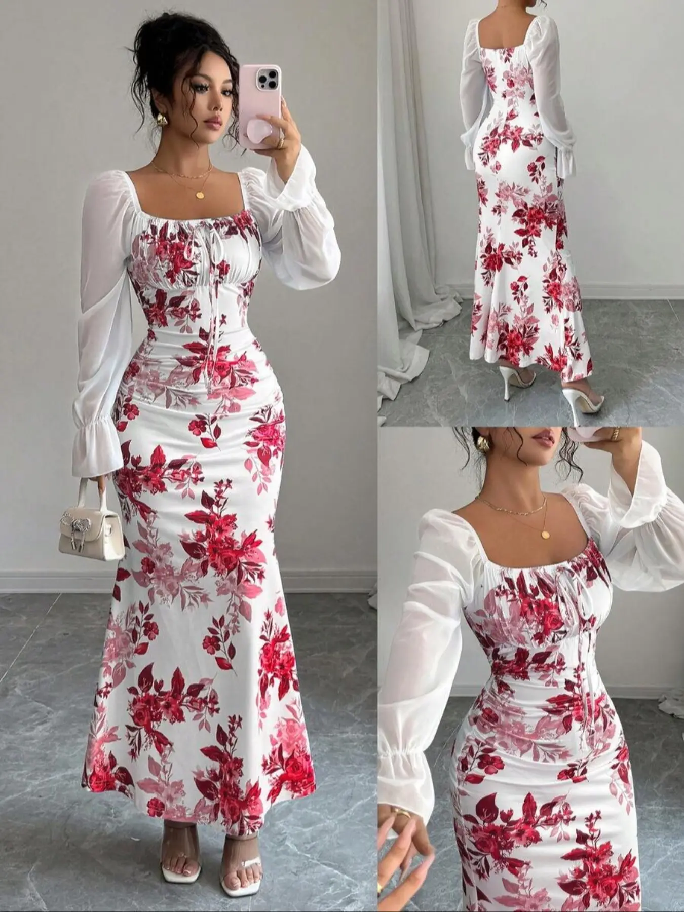New Women's Square Neck Bow Floral Chiffon Bubble Long Sleeve Boho Dress, Elegant Feminine Slimming Waist, Perfect for Dates, Parties, Daily Wear, Casual Wear, Spring Summer Fall, Womenswear, Casual Chic Dress, Bohemian Romantic Dress