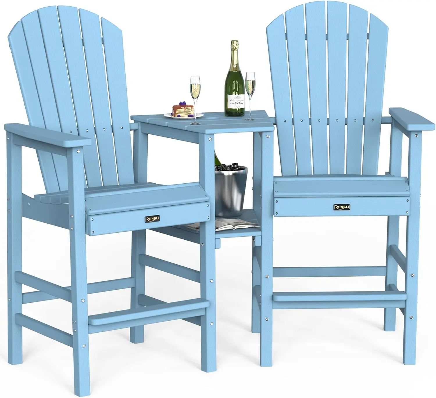 VINGLI Tall Adirondack Chairs Set of 2, HDPE Balcony Chair with Double Connecting Tray Weather Resistant Outdoor Bar Stools for Patio Deck Lawn Pool Backyard