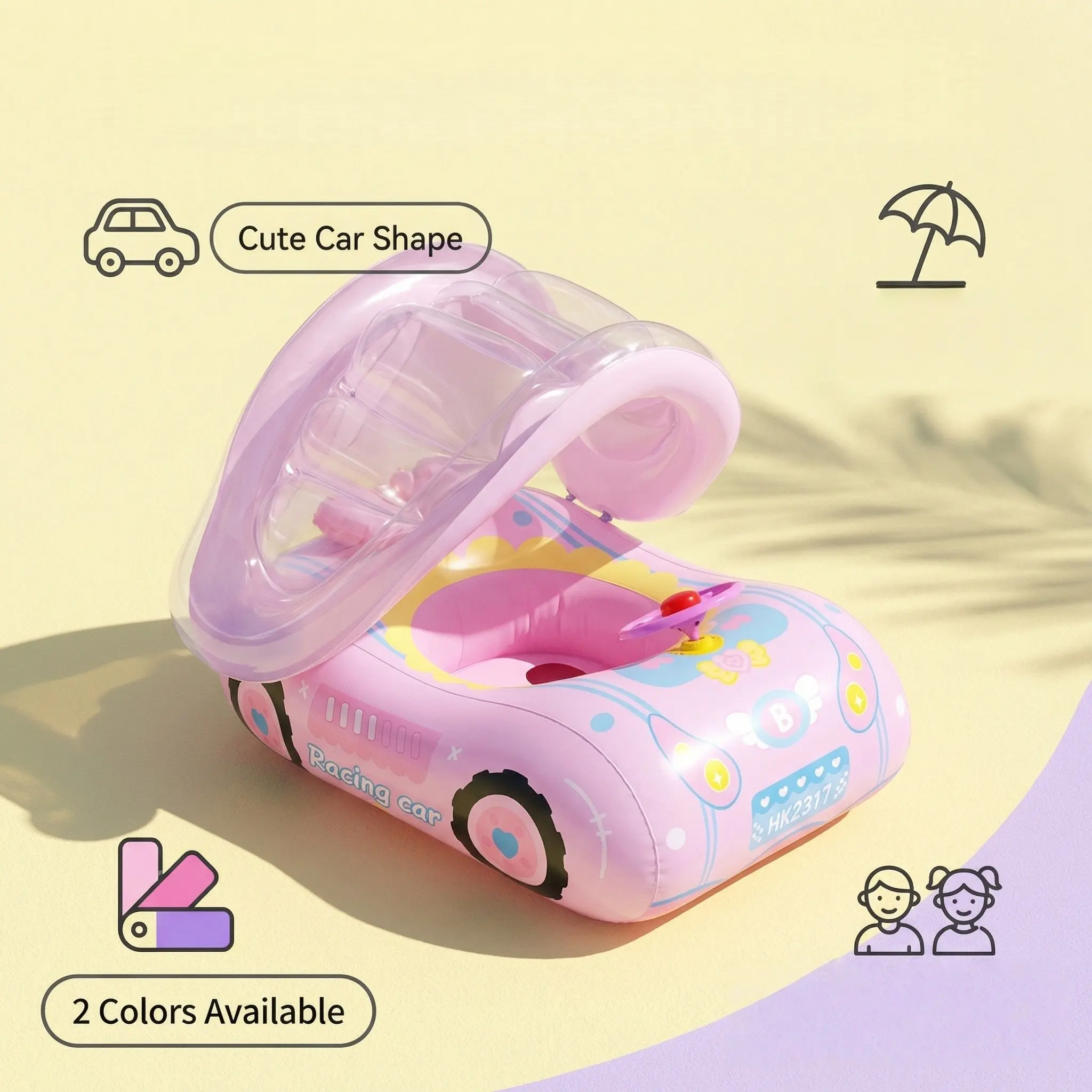 Kids Car Shaped Inflatable Pool Float, Pool Floater, Removable Canopy & Steering Wheel, Cute Cartoon Print, Safety Seat, Portable for Pool & Beach, 2 Colors