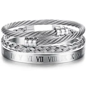 FLORIDECO Men's 3-Pcs Stackable Bracelets - Stainless Steel Cuff Bangles, Corrosion-Resistant, Adjustable Roman Numeral Twisted Wire Design, Multi-Size Luxury Daily Fashion Jewelry Gift (Gold, Silver, Black), Stackable Bracelet