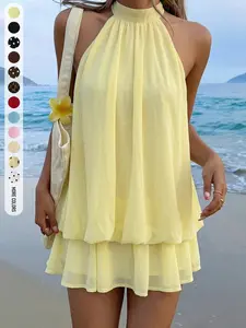 Women's Summer Elegant Chic Versatile Slim-Fitting High Waist Halter Neck Backless Short Mini Party Dress for Home Office Outdoor Wear
