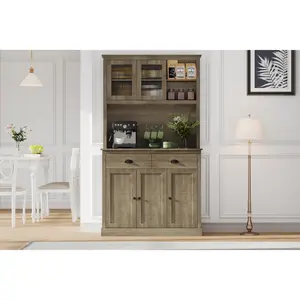 71" Tall Freestanding Pantry Cabinet, Kitchen Pantry Storage Cabinet, Adjustable Shelves,  Large Wood Hutch for Kitchen, Living Room and Dining Room, Farmhouse Buffet with Glass Door