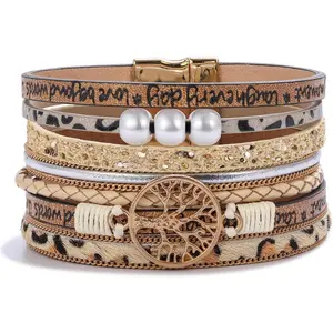 FANCY SHINY Tree of Life Leather Wrap Bracelet Inspirational Cuff Bangles Boho Pearl Bracelets with Magnetic Clasp Unique Jewelry Gifts for Women