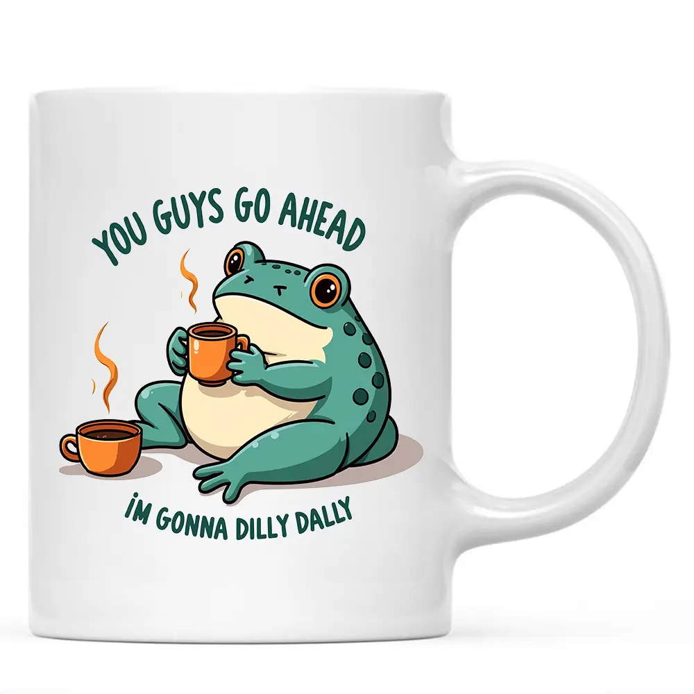 Ceramic Washable Drink Mug - Funny Dilly-Dallying Frog Holding Coffee Cup Design, Cute Cartoon Amphibian, Humorous Gift for Procrastinators (Office or Home Use)
