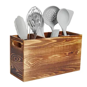 Wooden Kitchen Utensil Holder for Countertop, 3 Compartment Large Utensil Organizer with Handle, Pine Wood Cooking Utensil Caddy for Spoon Spatula Silverware, Rustic Farmhouse Kitchen Storage Box