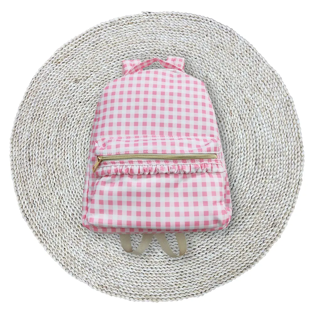 Kids Children Girls Western Pink Checkered Ruffles Zip Canvas Backpacks Bags Back To School