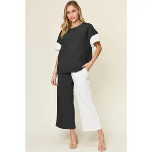 Full Size Texture Contrast T-Shirt and Wide Leg Pants Set