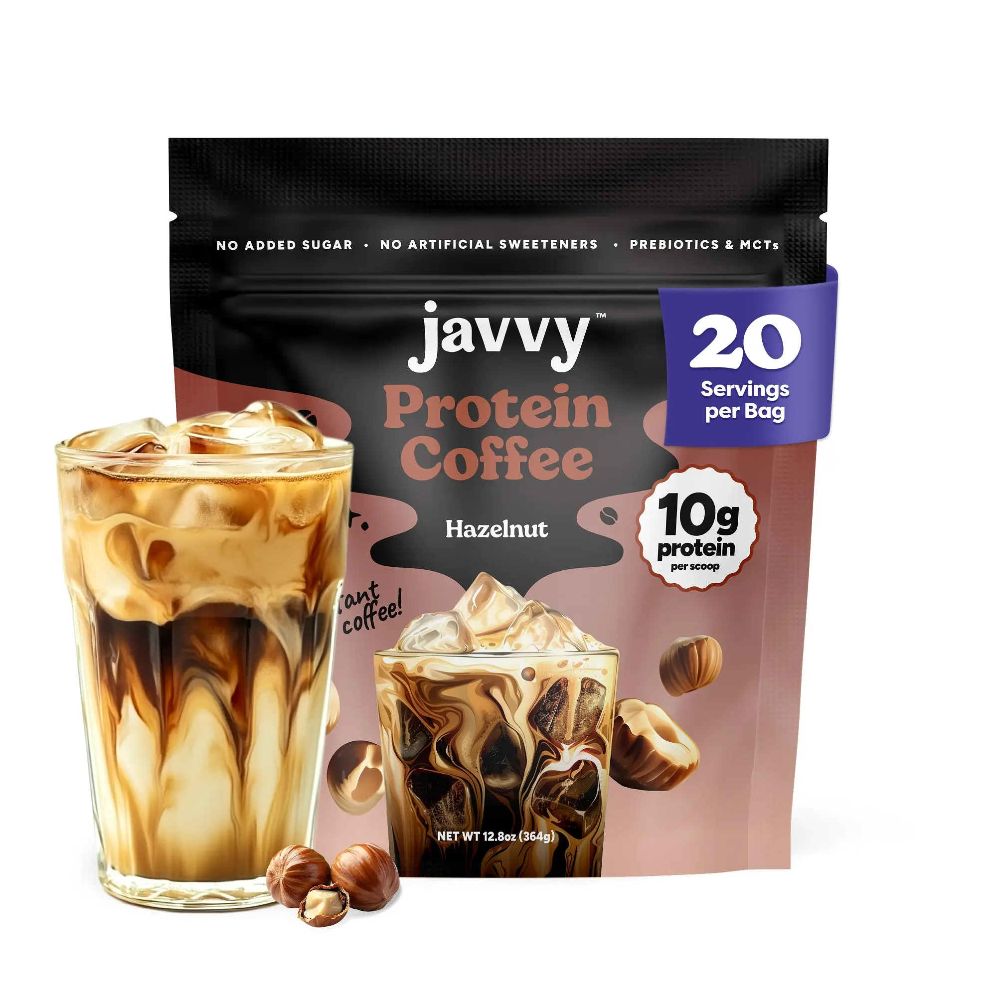 Javvy Hazelnut Protein Iced Coffee - Premium Whey Protein & Premium Arabica Instant Cold Brew - 100% Natural, 0 Artificial Flavors & Sweeteners, No Added Sugar, 80 mg Caffeine Per Serving, 20-Serving Healthy Beverage, Premium Arabica Coffee
