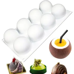 8-Cavity Ball Mousse Mold White, Easy Release Round Sandwich Chocolate Mold, Silicone Baking Mold, Baking Supplies, Cake Mold, Yogurt Mold, Ice Cream Mold, Suitable for Pudding, Jelly, Can Be Used in Weddings, Summer Parties, Outdoor Gatherings, 1pc