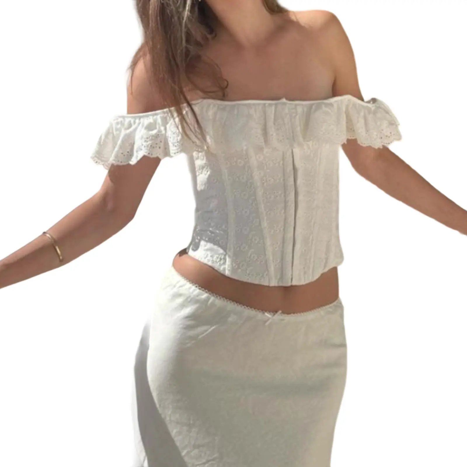 Women's Corset Crop Top, Chic Off-Shoulder Blouse with Classy Ruffles, Eyelet Details and Tie-Up Back for Parties, Off Shoulder Tops, Chic Tops