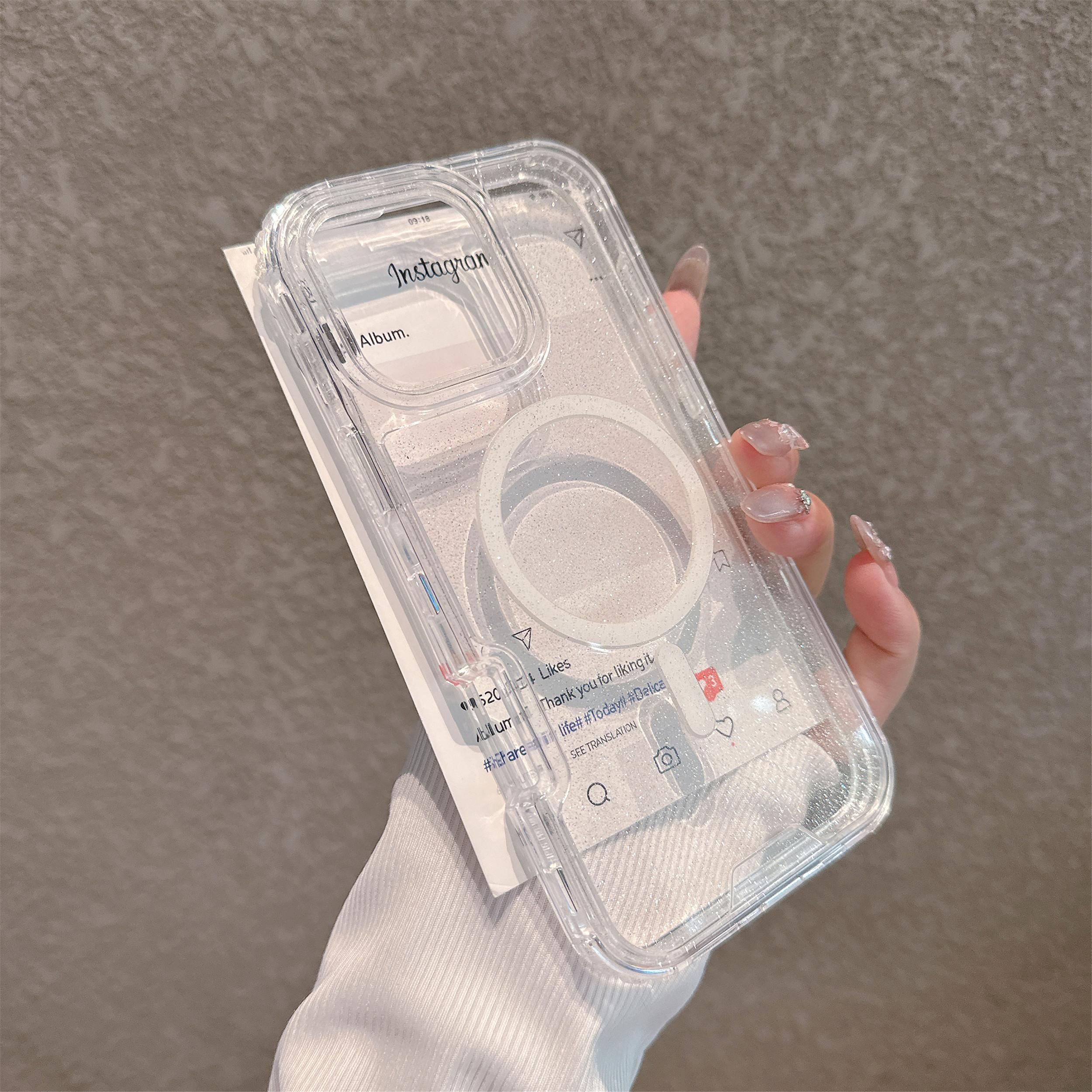 Transparent Phone Case for iPhone 17 16 15 14 13 12 Pro Max Plus Anti-Drop Glitter MagSafe Shockproof Protective Cellphone Cover Protection Casing