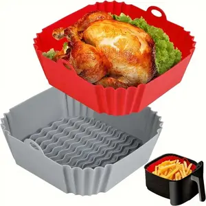 [Silicone Air Fryer Liner] 2pcs Reusable Silicone Air Fryer Liner | 8 Inches Square/Rotundity - Air Fryer Accessories For 4 To 7 QT Ovens And Microwave (Red+grey)