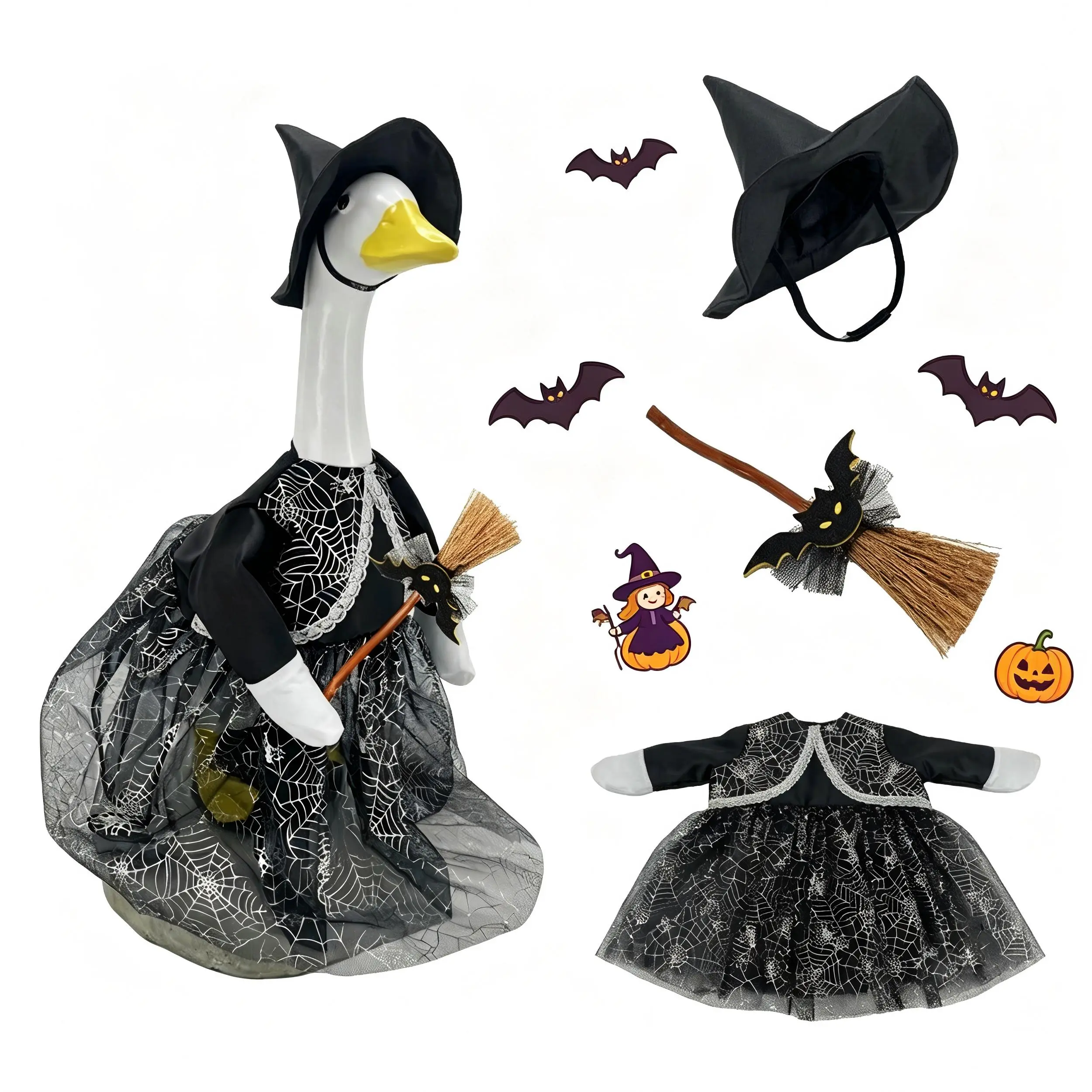 23-Inch Halloween Witch Porch Goose Costume Kit, Spider Web Lace Tulle Dress with Witch Hat, Bat Broom, Spooky Lightweight Garden Statue Props for Fall Yd Decor, Holiday Gift (Toys & Hobbies DIY Specialty Supplies)