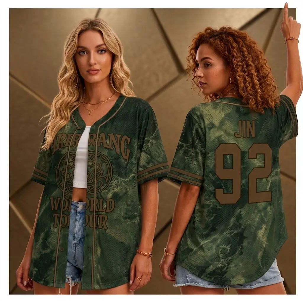 World Tour Baseball Jersey, Green Oversized Button Up Shirt, Kpop Inspired Concert Fan Jersey, Unisex Streetwear Gift