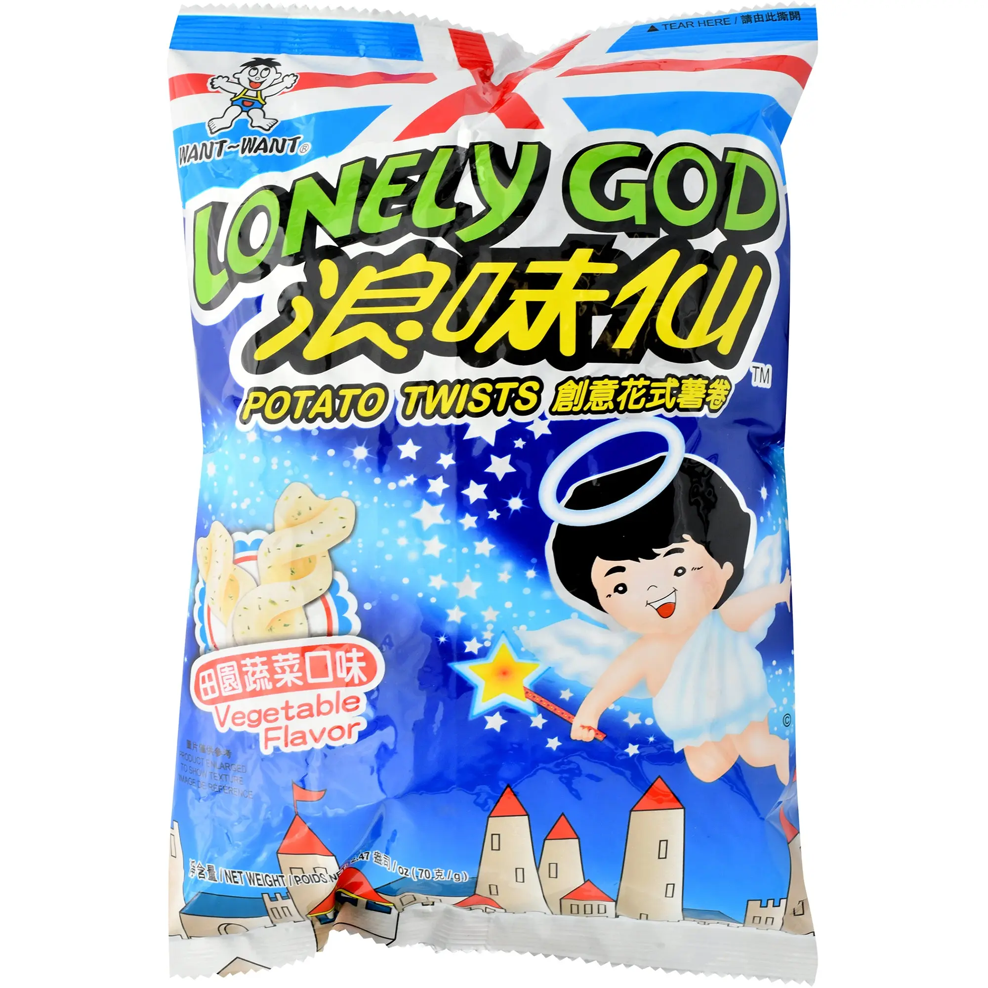 WANT-WANT Lonely God 70g Potato Twists, Savory Vegetable-Flavored Crispy Veggie Snacks, Asian International Chips Party Size Perfect Snack Treat for Adults